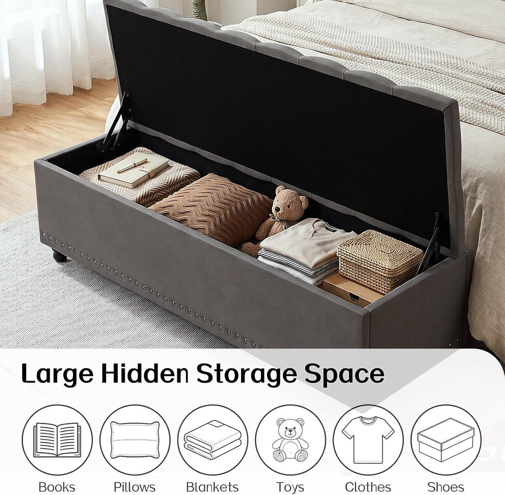 51" Storage Ottoman Bench with Wooden Legs and Soft-Close, Grey | Large End of Bed Bench with Button Tufting, Metal Rivet Accents, Fabric Bedroom Chest for Entryway Living Room Window