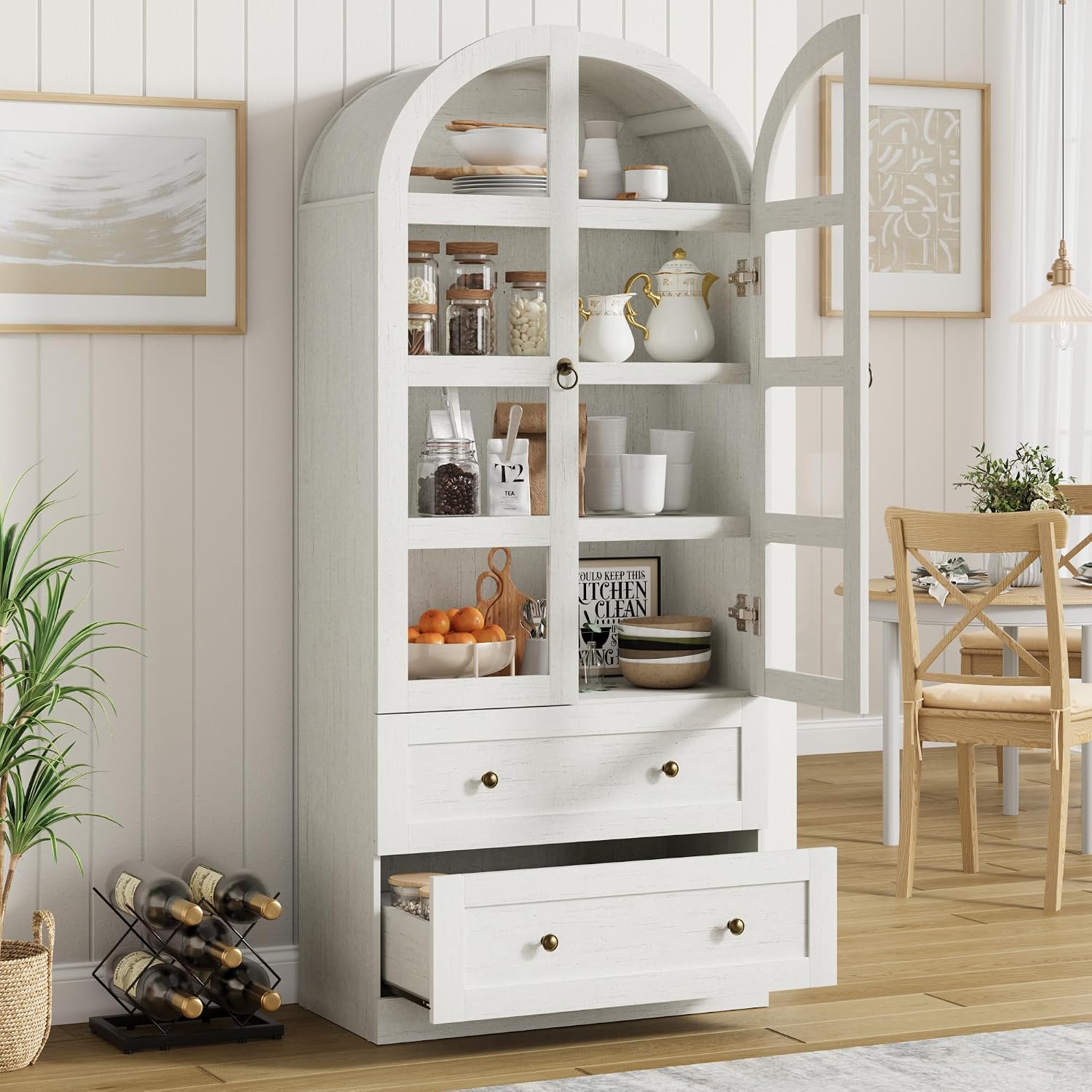 72" Tall Arched Kitchen Pantry Cabinet,Wood Arched Bookshelf with 2 Doors, 2 Drawers, Adjustable Shelves,Versatile Sideboard Buffet for Dining & Living Room,White