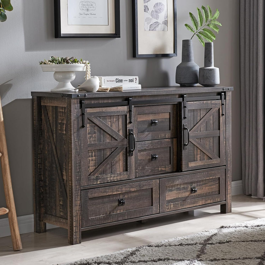 T4TREAM Farmhouse Sideboard Buffet Cabinet with Storage, 31.2'' Tall Kitchen Cabinet with 2 Sliding Barn Doors and 4 Drawers, Rustic Wood Coffee Bar Table for Dining Room, Dark Rustic Oak