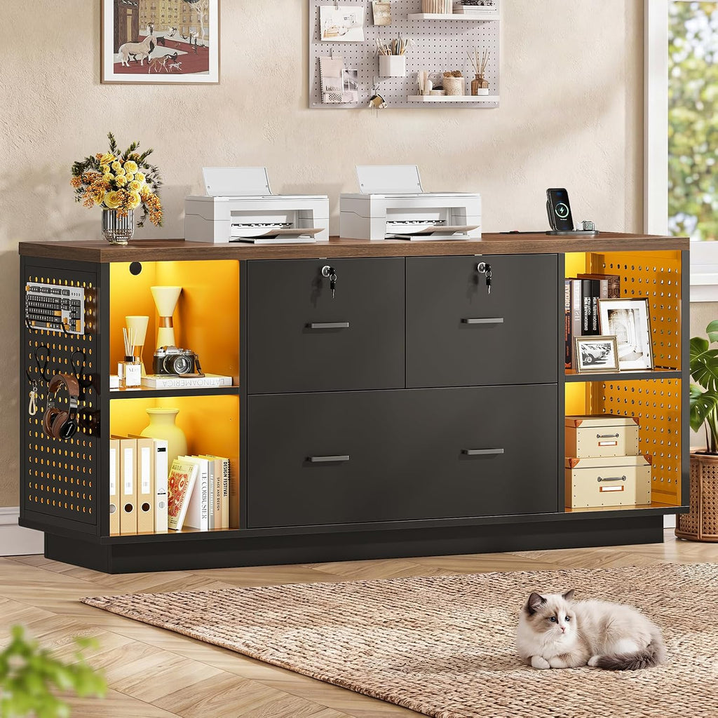 SEDETA 55" File Cabinet with Lock, Large 3 Drawers Filing Cabinets for Home Office, Lockable Printer Stand with Storage, Power Strip, LED Light & Pegboard, Black + Brown