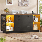 SEDETA 55" File Cabinet with Lock, Large 3 Drawers Filing Cabinets for Home Office, Lockable Printer Stand with Storage, Power Strip, LED Light & Pegboard, Black + Brown