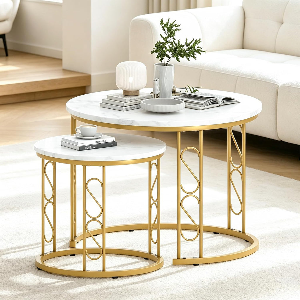 Garden 4 you Coffee Table Faux Marble Nesting Table for Small Place 2 Sets Modern Furniture Living Room Sets End Side Table Night Stand for Bed Room Dining Room (White & Gold)