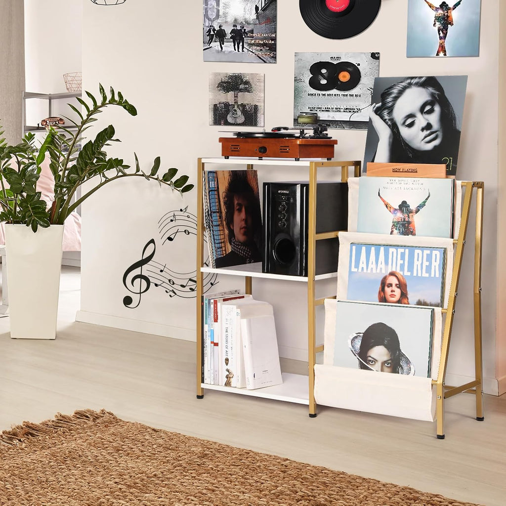 HYCFYJR Stand for Record Player, 3 Tier Vinyl Record Storage with Now Playing Holder, Turntable Stand, Vinyl Display with Speaker Storage for Living Room, Gold White