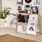HYCFYJR Stand for Record Player, 3 Tier Vinyl Record Storage with Now Playing Holder, Turntable Stand, Vinyl Display with Speaker Storage for Living Room, Gold White