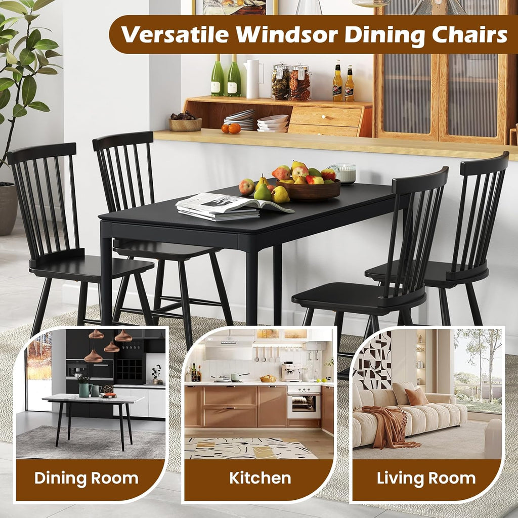 KOTEK Windsor Dining Chairs Set of 4, Wooden Kitchen Chairs with Spindle Back & Wide Seat, 400 LBS Weight Capacity, Armless Side Chairs for Dining Room, Living Room