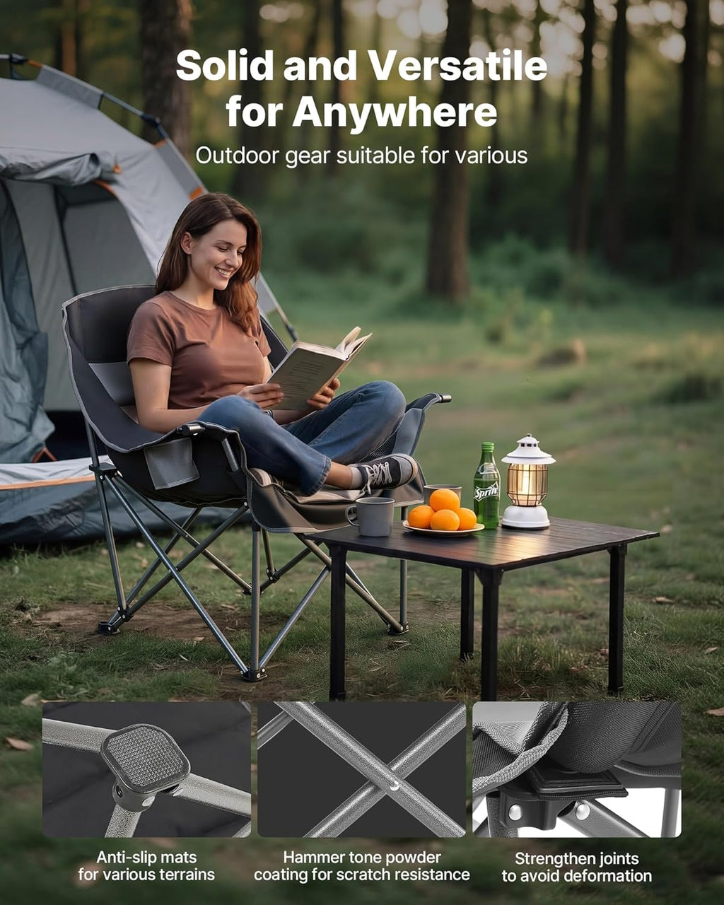 VEVOR Oversized Camping Chairs, 450 lbs Heavy Duty Support, Portable Padded Folding Camp Chairs with Dual Cup Holders & Wine Glass Holders, Carry Bag for Outdoor, Fishing, Black & Gray, 1 Pack