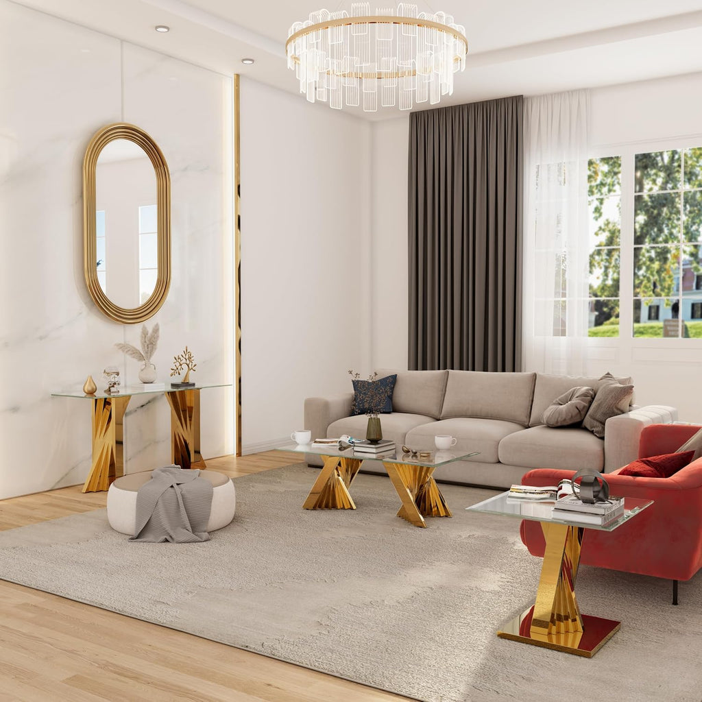 60" Gold Console Table, Entryway Table with Clear Tempered Glass | Modern Glam, Elegant Beveled Edge, Polished Stainless Steel Geometric Base, Long Sofa Table for Living Room, Hallway, Foyer
