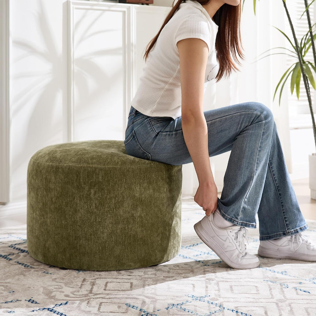 Upholstered Round Green Pouf Ottoman Set of 2, Modern Footstools | Chenille Footrest with Soft Padded Seat & Wood Frame, Sage Green Ottoman, Accent Vanity Stool for Living Room and Bedroom