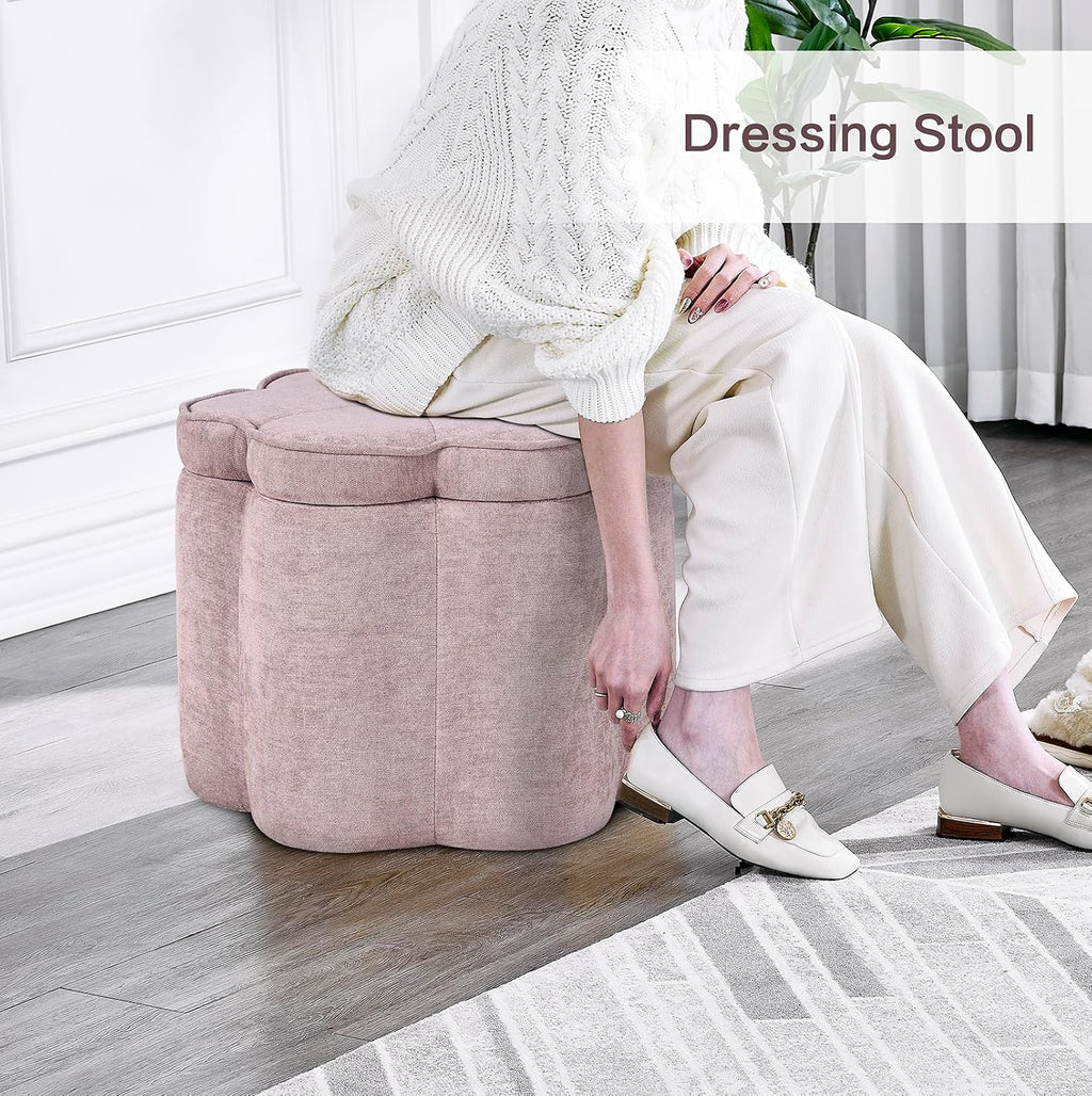 Crestview Collection 14.5" H Pink Flower Storage Ottoman,Sandy Pink | Chenille Fabric,Holds 300 LBS,Seating Foot Rest,For Bedroom Living Room Entryway,Home Decor