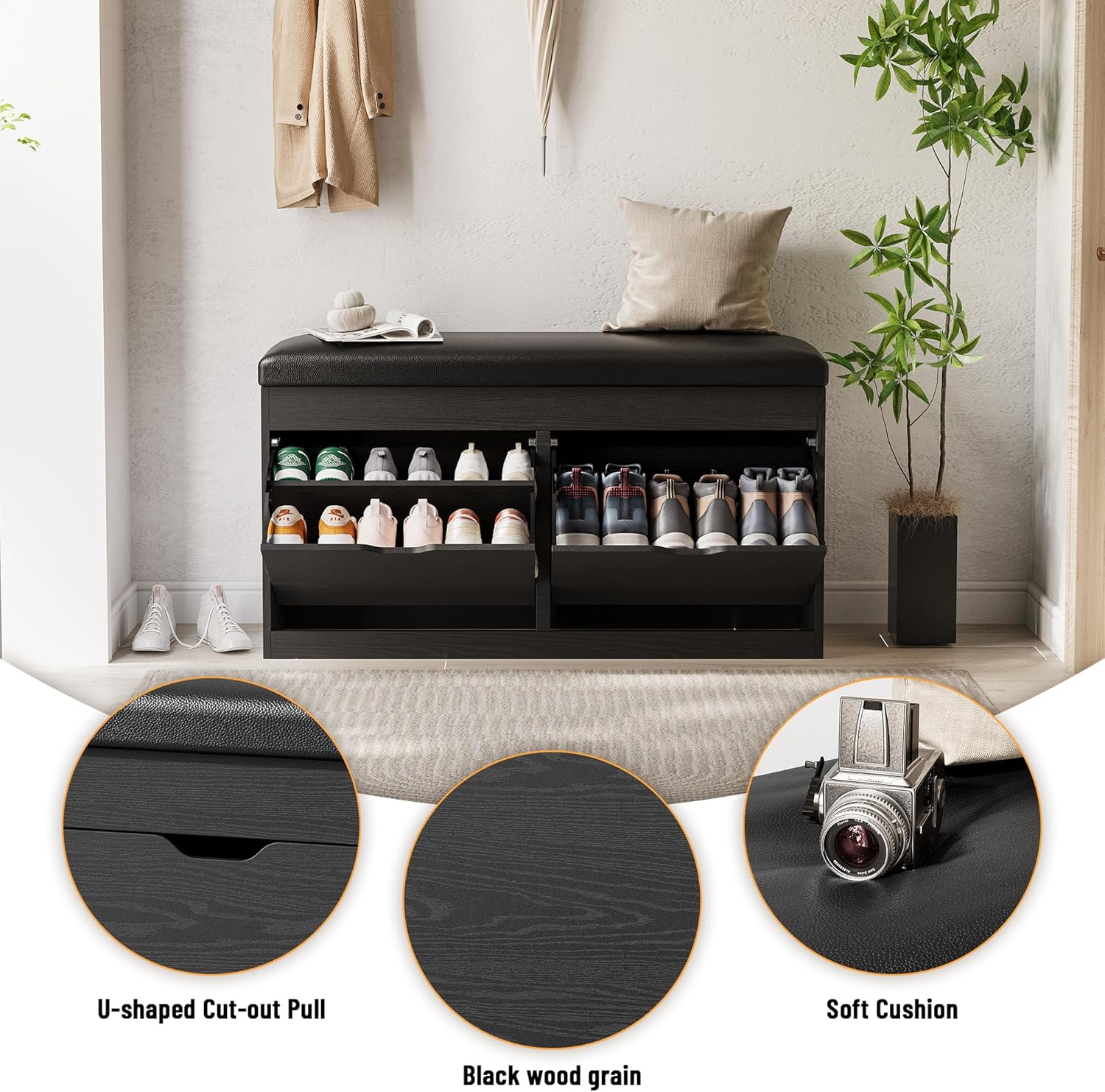 40" Shoe Storage Bench with Flip Drawers Padded Seat Cushion, Shoe Cabinet with Lift Top Storage Box, Shoe Bench Shoe Organizer for Entryway, Hallway, Living Room, Black