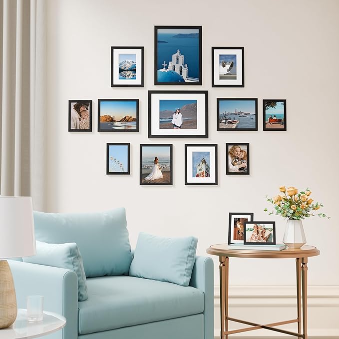 Vittanly Picture Frames Set of 14, Gallery Wall Frame Set with 2Pcs 11x14, 6Pcs 8x10 and 6Pcs 5x7 Photo Frames, Picture Frames Collage Wall Decor for Wall or Tabletop Display, Black