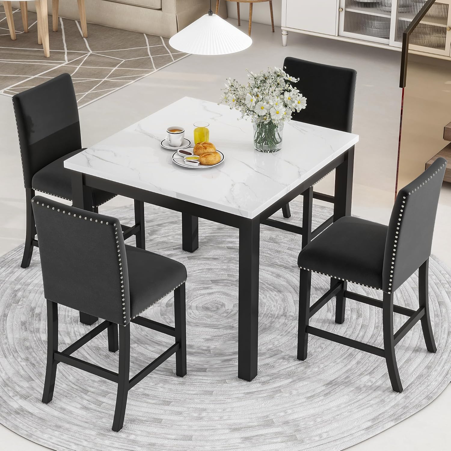 Merax Dining Table Set, 5 Piece Counter Height Dining Table Set with Faux Marble Dining Table and 4 Upholstered-Seat Chairs, Dining Room Table Set for Kitchen/Living Room, Black