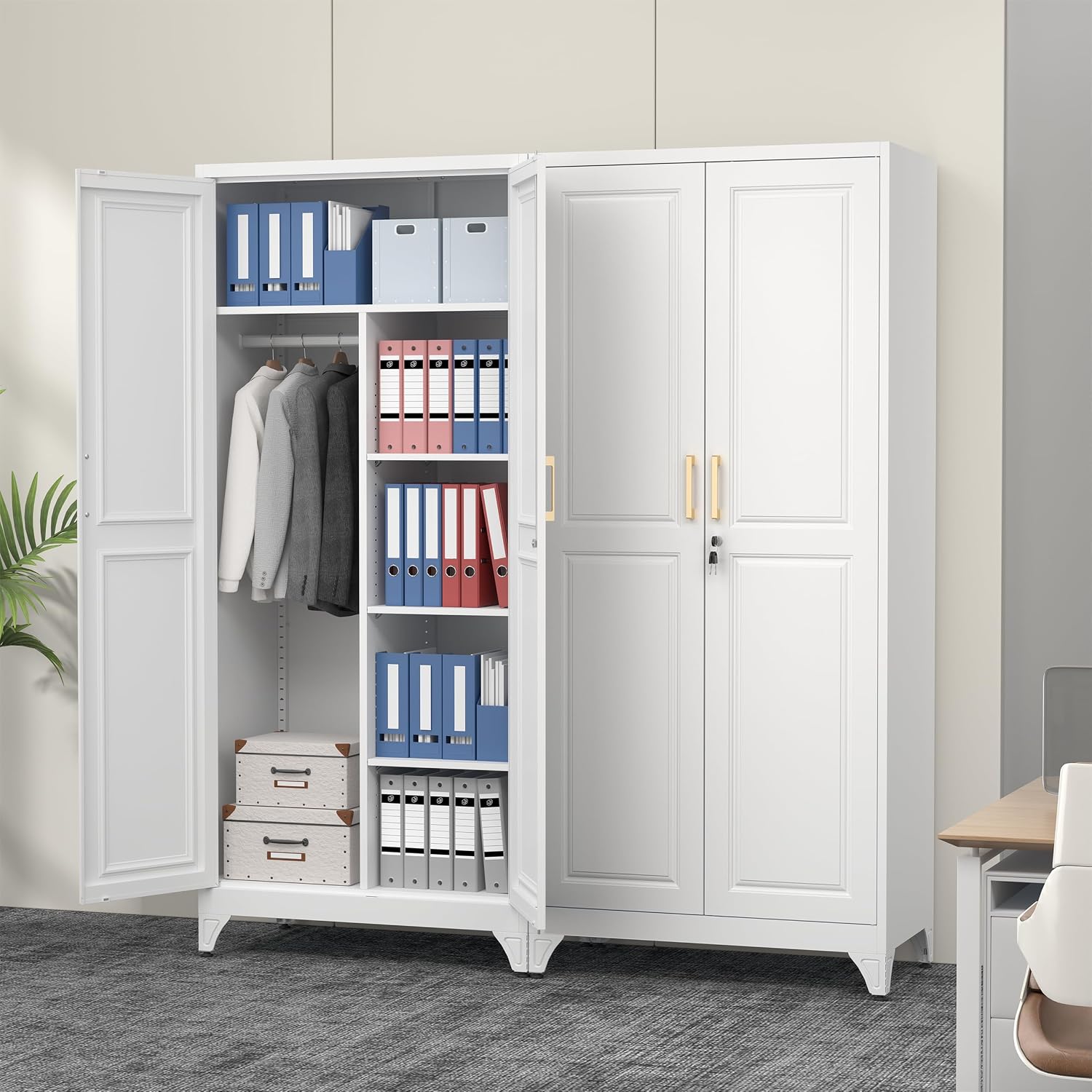 Polup 71" Tall Metal Armoire Wardrobe Closet with Doors and Lock | Wardrobe Cabinet, Hanging Rod, 3 Adjustable Shelves, Steel Clothing Storage Cabinet for Bedroom, Office, Employee, Gym, White