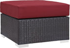 Modway Convene Wicker Rattan Outdoor Patio Square Ottoman with Cushions in Espresso Red