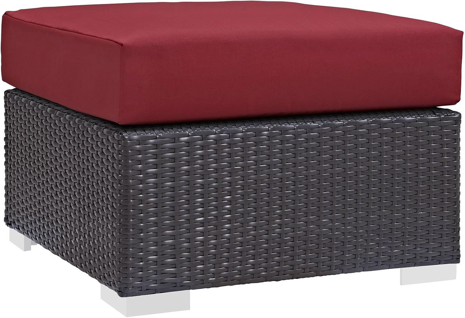 Modway Convene Wicker Rattan Outdoor Patio Square Ottoman with Cushions in Espresso Red