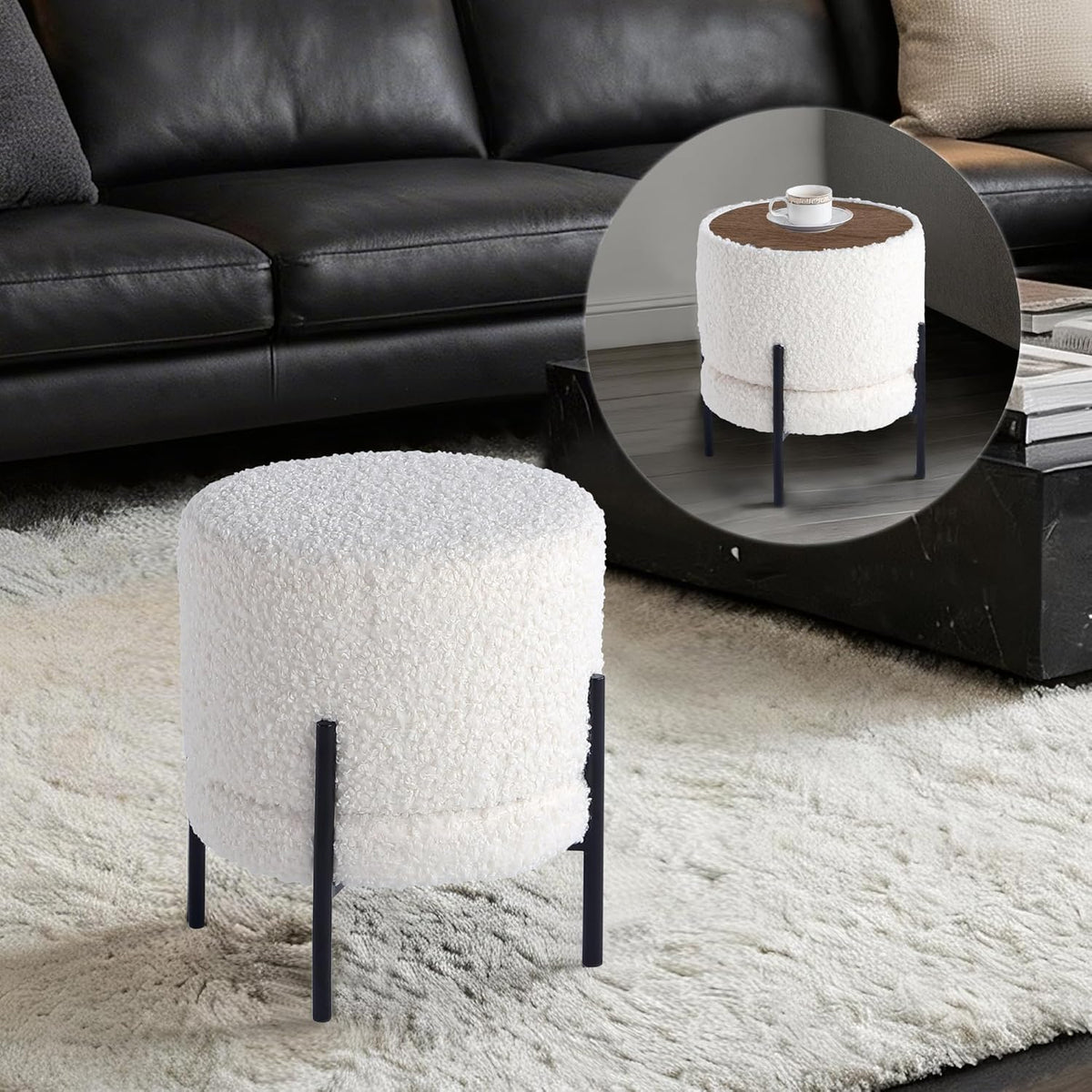 Get Set Style Multifunctional Ottoman with Side Table, Soft Round Footrest Stool,Vanity Stool with Metal Legs, Modern Decorative Furniture Vanity Chair for Makeup Room, Bedroom, Living Room