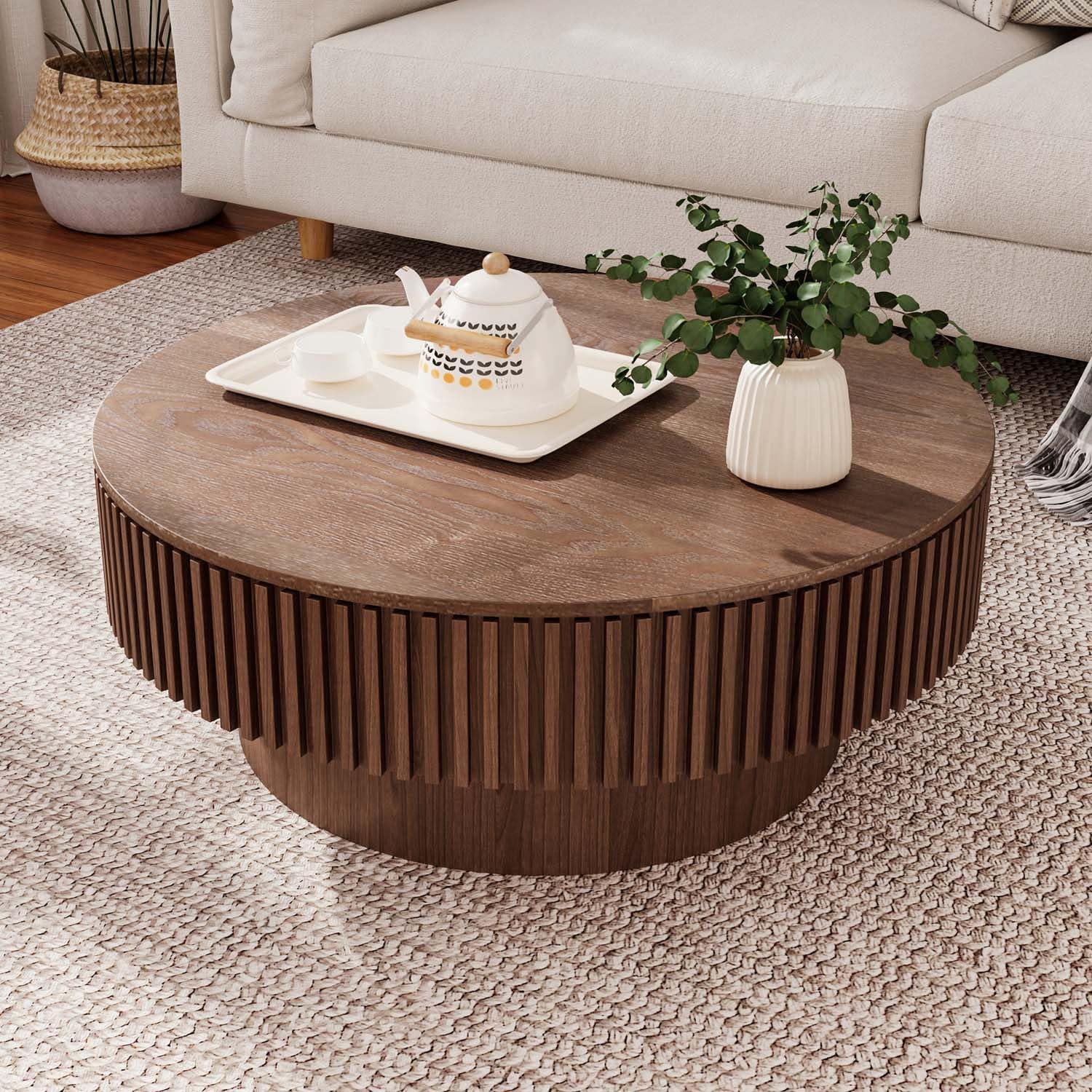 Round Coffee Table with Storage, Modern Wooden Coffee Table