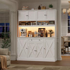HIFIT 72.8”Hx55”W Pantry Cabinet with LED & Charging Station, Kitchen Hutch | Farmhouse Coffee Bar Cabinet with Storage Drawer, Large Countertop, Swing-Out Door, Hutch Cabinet with Storage, White