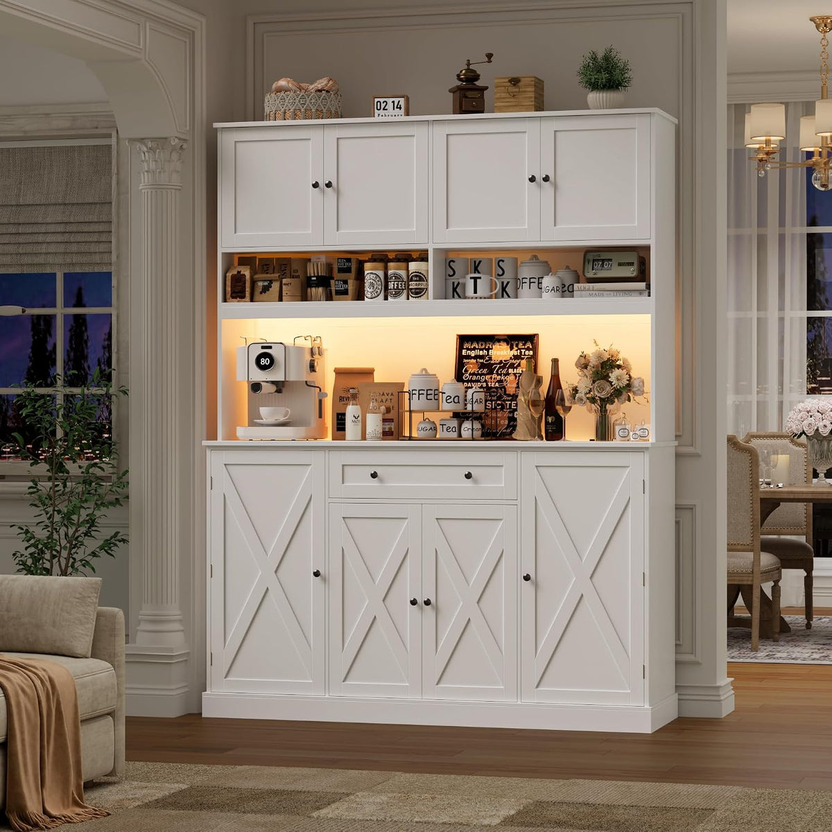 HIFIT 72.8”Hx55”W Pantry Cabinet with LED & Charging Station, Kitchen Hutch | Farmhouse Coffee Bar Cabinet with Storage Drawer, Large Countertop, Swing-Out Door, Hutch Cabinet with Storage, White
