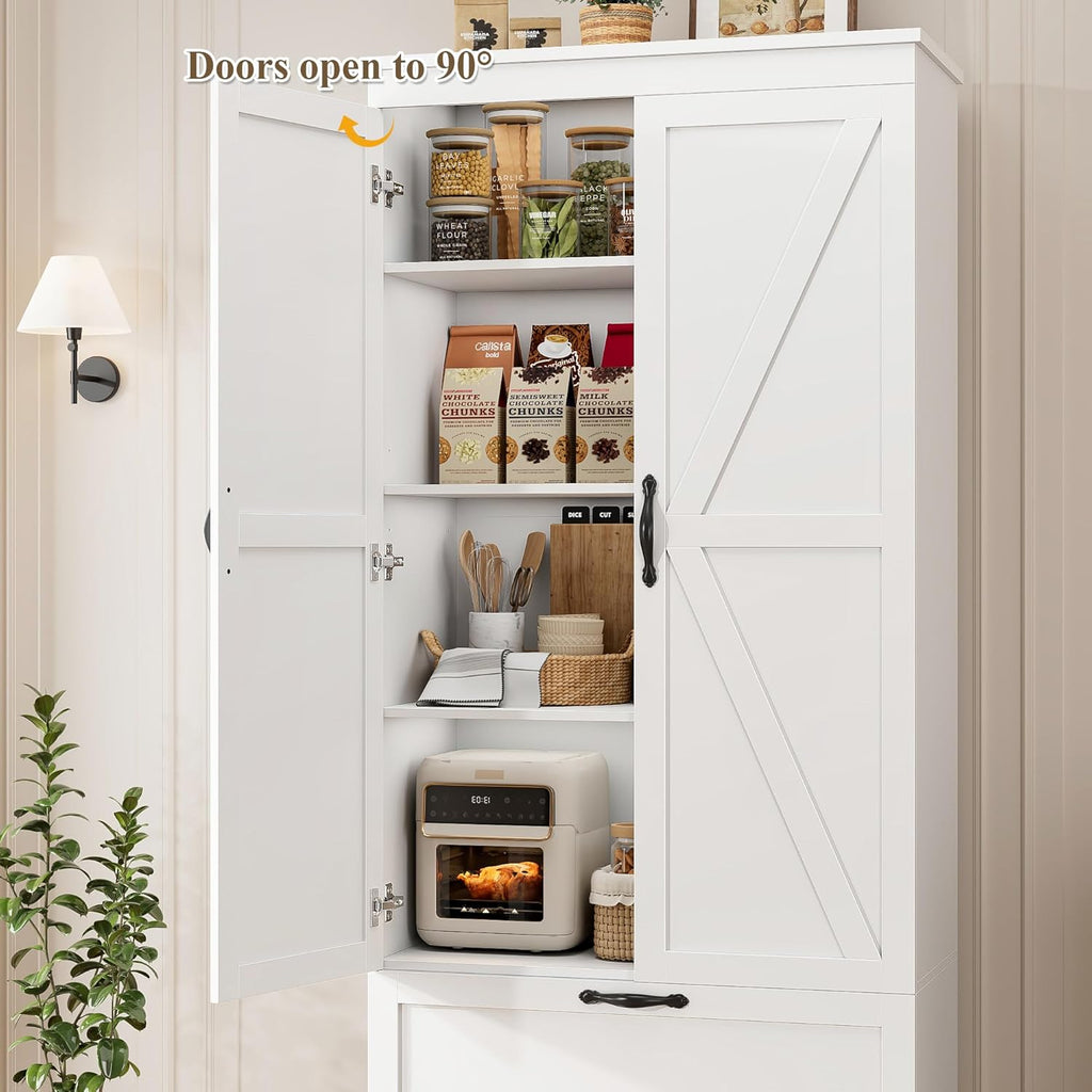 HOSTACK 70" Kitchen Pantry Storage Cabinet, Farmhouse Pantry Cabinet, White | Large Food Kitchen Pantry with 2 Wide Drawers & Adjustable Shelf, Tall Snack Cabinet with Doors, Dining Room, Living Room