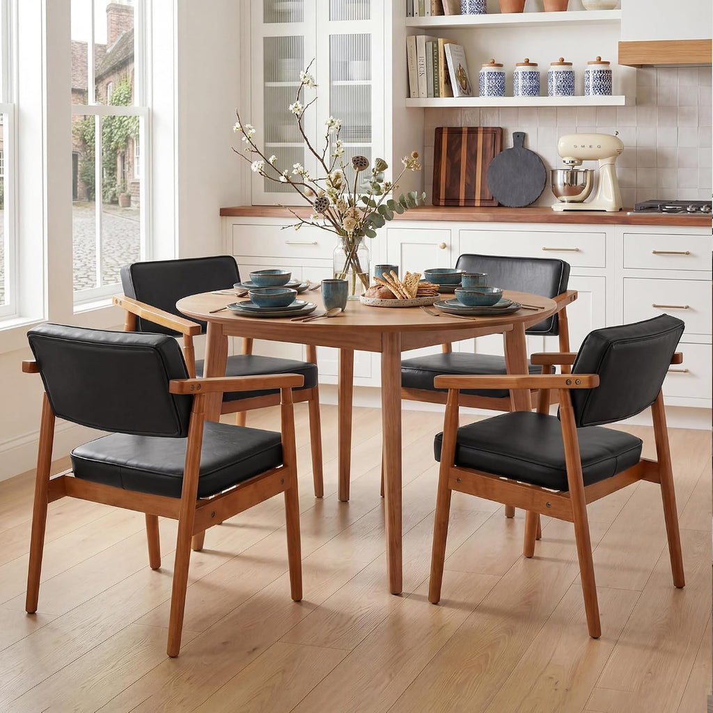 LSSPAID Mid Century Dining Chairs Set of 4, Black PU Leather with Walnut Finished Handrails Comfy Backrest, Farmhouse Dining Room Chairs for Kitchen, Living Space & Restaurant
