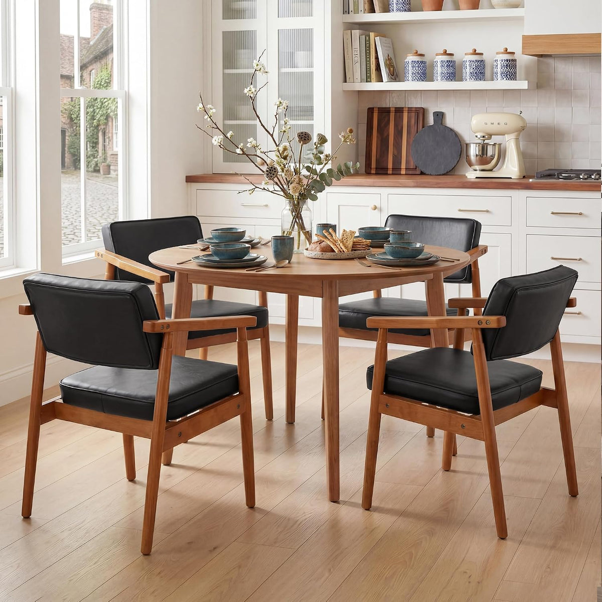 LSSPAID Mid Century Dining Chairs Set of 4, Black PU Leather with Walnut Finished Handrails Comfy Backrest, Farmhouse Dining Room Chairs for Kitchen, Living Space & Restaurant