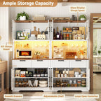 Unikito 71" Tall Kitchen Pantry Storage Cabinet with LED Light & Outlet, 63" Wide Kitchen Hutch Cabinet with Large Countertop, DIY Pegboard and Drawers, Farmhouse Food Pantry for Living Room,