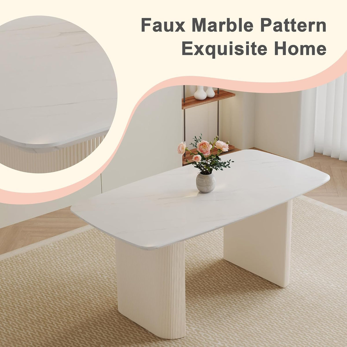 White Oval Dining Table, 67'' Dining Room Table for 4-8 People, Modern Oval Kitchen Table with White Faux Marble Tabletop and Ripple Base, Table Only