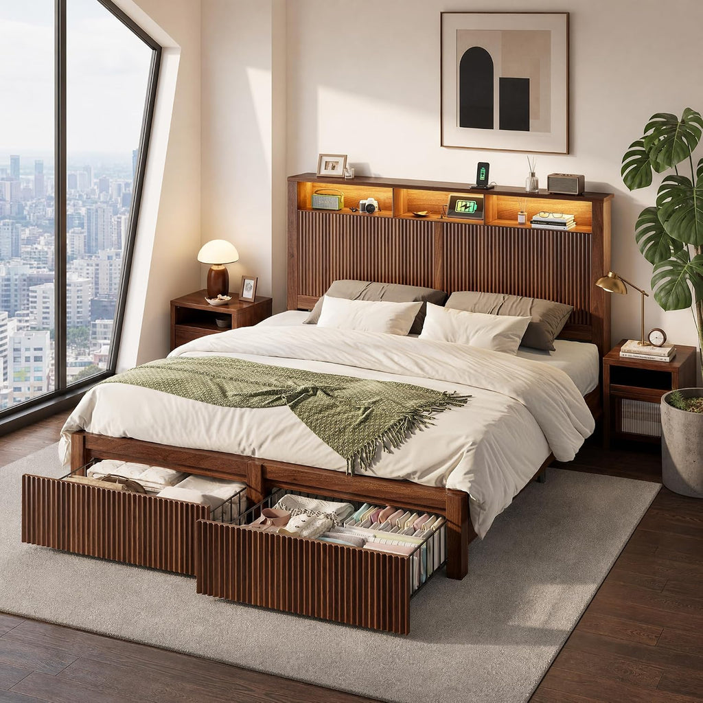 CypBed Queen Size Bed Frame with Headboard and 2 Storage Drawers, Walnut
