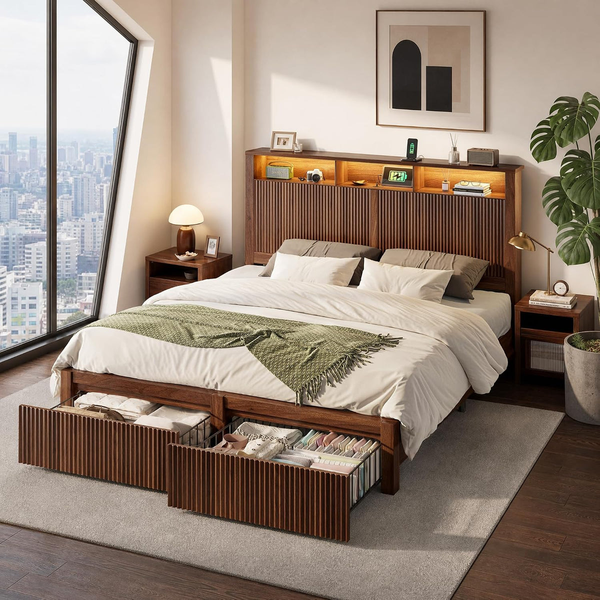 CypBed Queen Size Bed Frame with Headboard and 2 Storage Drawers, Walnut