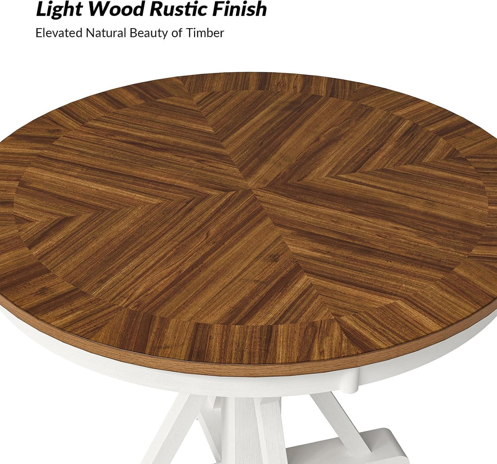 HULALA HOME Round Dining Table for 4, 42" Rustic Farmhouse Pedestal Table with White Brushed Finish, Solid Rubberwood Base(White)