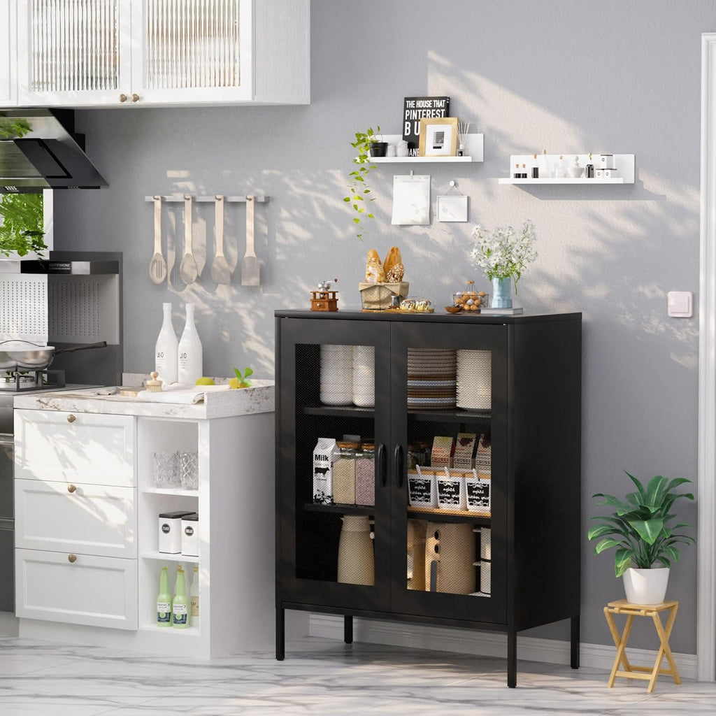 QINPTWUT 40" Industrial Storage Pantry, Kitchen Storage Cabinet with Mesh Door, 2 Adjustable Shelves, Freestanding for Kitchen, Dining Room,Bedroom, Workshop, Office, Garage (Black, 40")