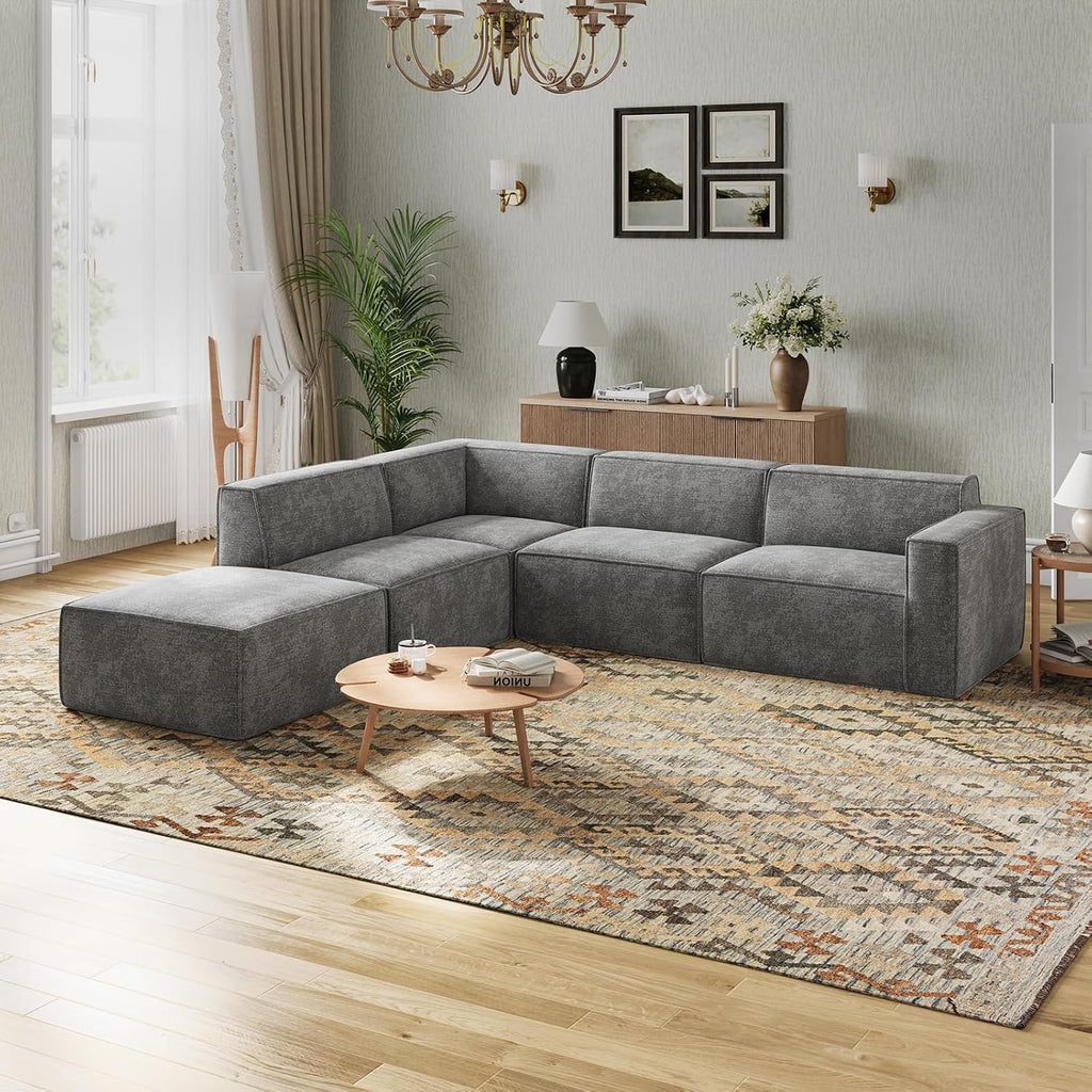 Novilla 109" Modular Sectional Sofa, No Assembly Cloud Sectional Couch with Smarts Coil® Support, Chenille Fabric L Shape Couch for Living Room Apartment, Dark Gray(R-Arm 4 Seat w/ 1 Ottoman)