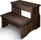 FANATU Wooden Two Step Stool for Adults, Heavy Duty Acacia Wood Bed Step | Compact Bedside Step Stool For Kitchen And Bathroom With Non-Slip Floor Pads, Walnut Finish, Supports Up To 450 Lbs