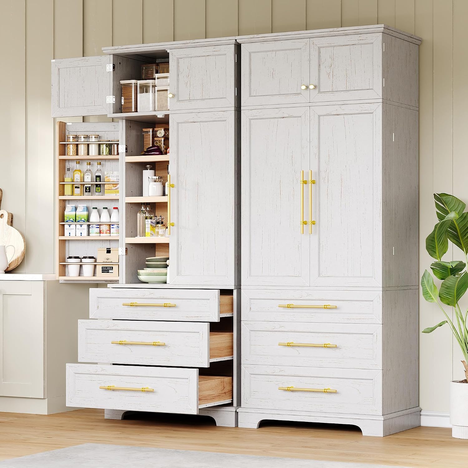 Virubi 78.2" Tall Farmhouse Kitchen Pantry Cabinet with 8 Door Shelves, Storage Cabinet with 3 Adjustable Shelves, 3 Large Drawers, Versatile Cupboard for Kitchen, Dining & Bathroom (Retro White2)