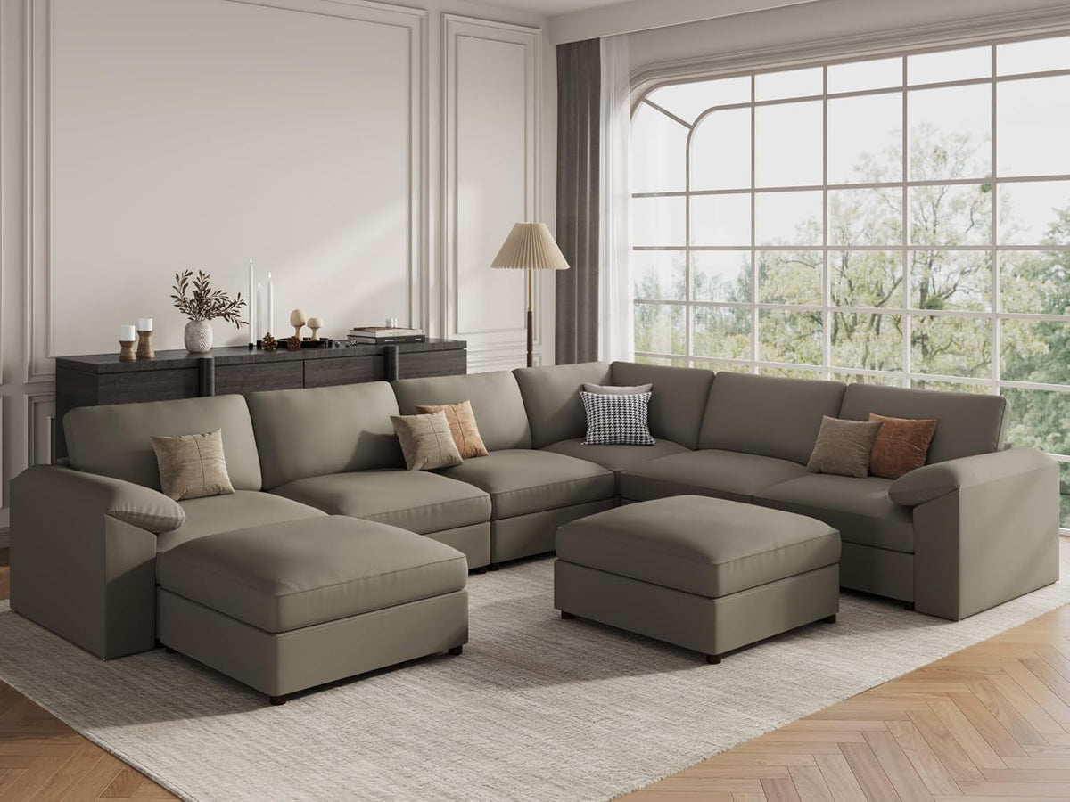 EASE MOOSE Sectional Couches for Living Room, Modular Sofa, Light Grey | Pet-Friendly Faux Leather, Large Deep Seat,Easy to Clean, Solid Wood Frame, Easy Assembly, Scratch Resistant