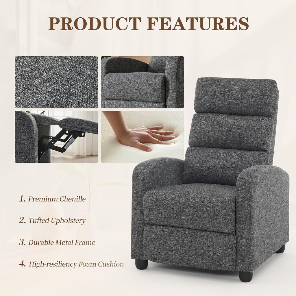 Furnimart Small Manual Recliner Chair for Compact Spaces, Overstuffed Chenille, Chunky Cushion, Comfortable Single Sofa Recliner for Adults, Ideal for Living Room, Bedroom, Home Theater, Gray