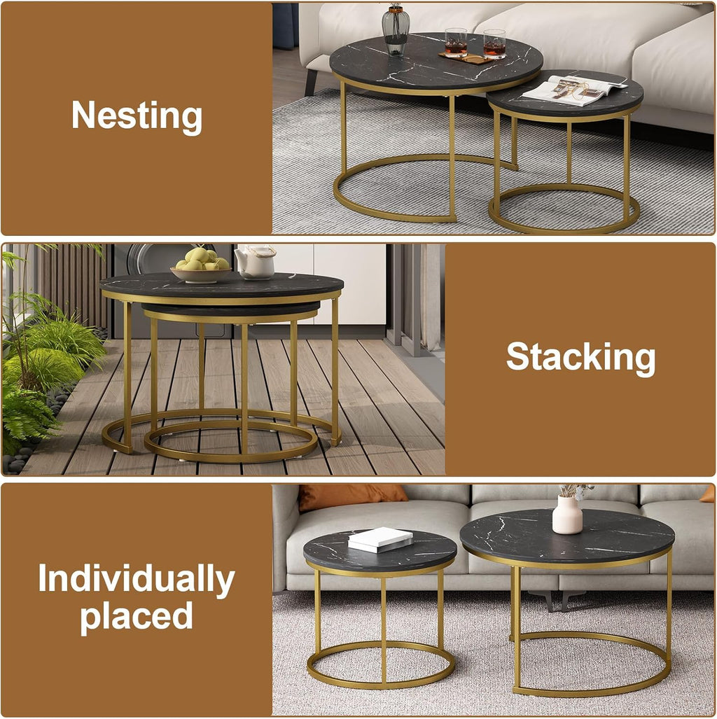 Nesting Coffee Table Set of 2, Wooden Marble Top (Black+Gold) | Nesting Tables, Sturdy Metal Frame, 120 LBS Capacity, Fits for Living Room, Bedroom, Easy Assembly