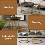 Nesting Coffee Table Set of 2, Wooden Marble Top (Black+Gold) | Nesting Tables, Sturdy Metal Frame, 120 LBS Capacity, Fits for Living Room, Bedroom, Easy Assembly