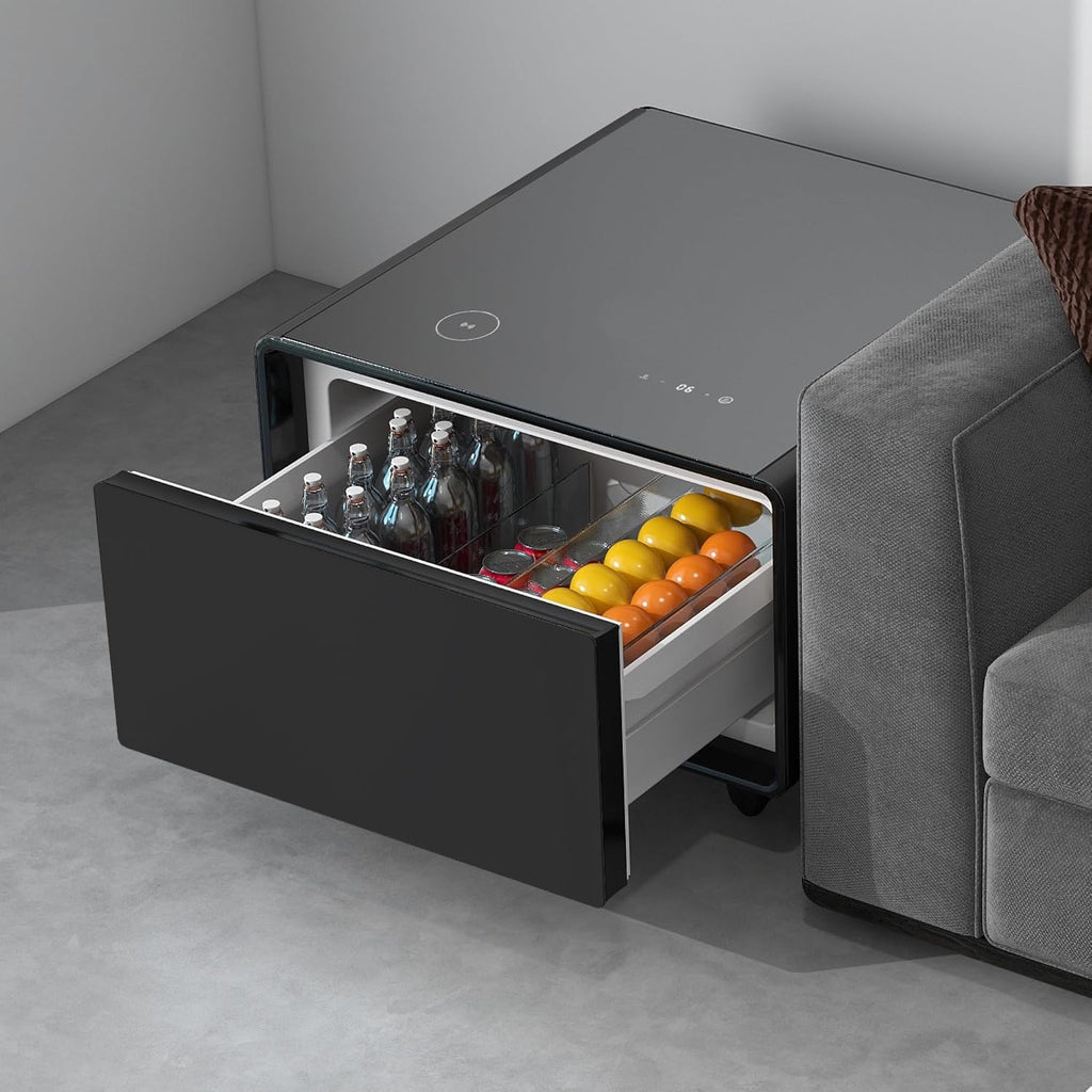 LUMISOL Smart Side Table with Built-in Fridge, Wireless Charging, Temperature Control, Power Socket, USB Ports, Outlet Protection, Induction Light, Black