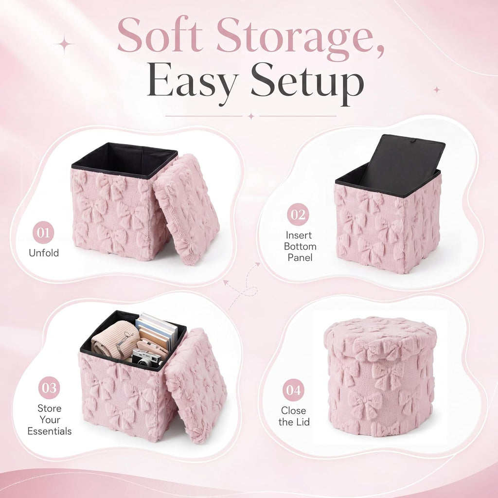 RattanView Storage Ottoman Dorm 12 Inch Pink Bow Cube Ottoman Dorm Back to School Coquette Foldable Foot Rest Stool with Lid for College Dormitory Bedroom Office