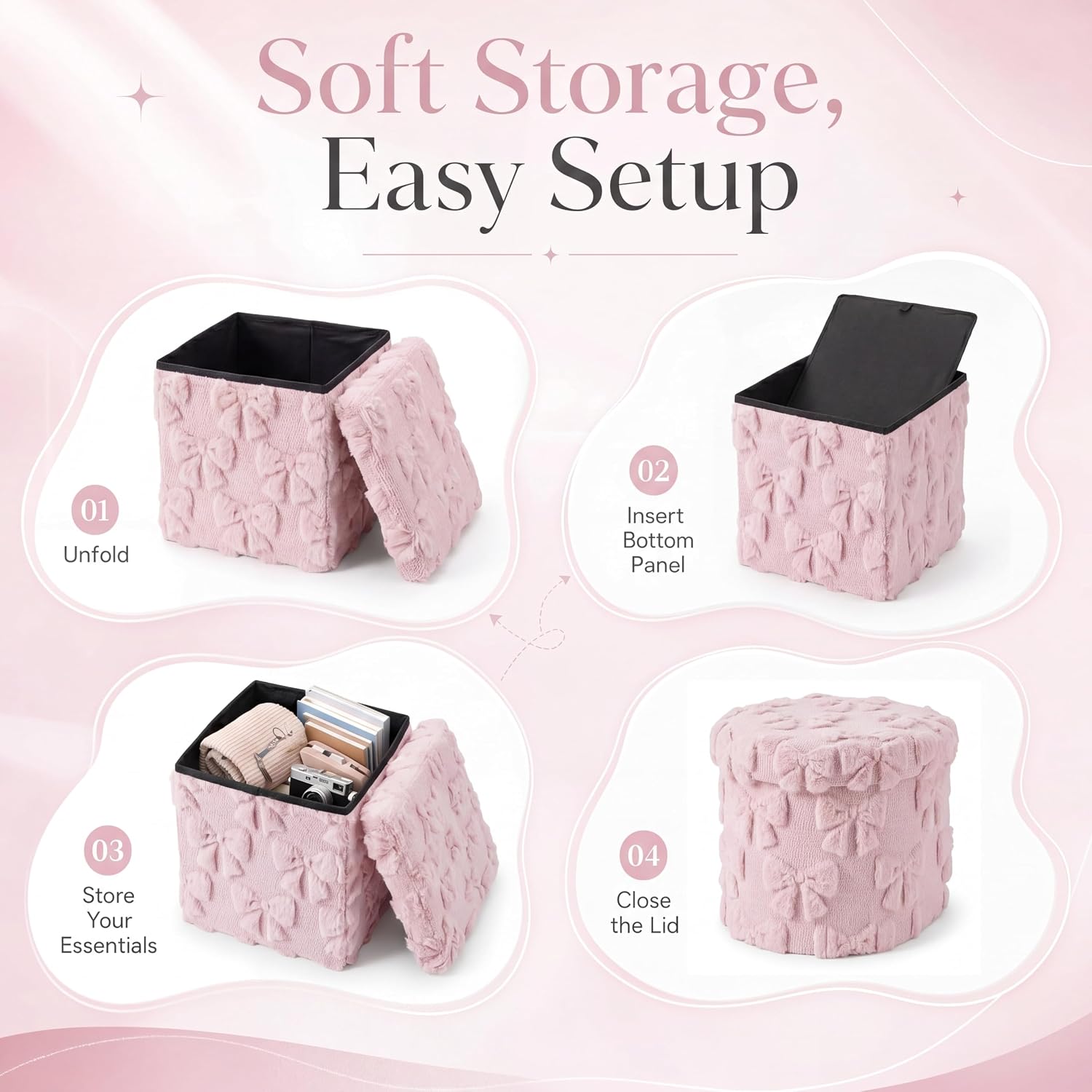 RattanView Storage Ottoman Dorm 12 Inch Pink Bow Cube Ottoman Dorm Back to School Coquette Foldable Foot Rest Stool with Lid for College Dormitory Bedroom Office