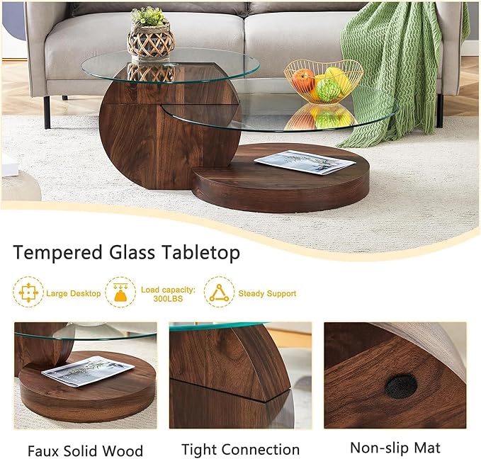 Glass Coffee Table, Modern Round Glass Coffee Table with Wooden Base, 3 Tier Round Coffee Table, Clear Cocktail Table with Storage for Living Room, Office, Balcony, Walnut