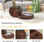 Glass Coffee Table, Modern Round Glass Coffee Table with Wooden Base, 3 Tier Round Coffee Table, Clear Cocktail Table with Storage for Living Room, Office, Balcony, Walnut