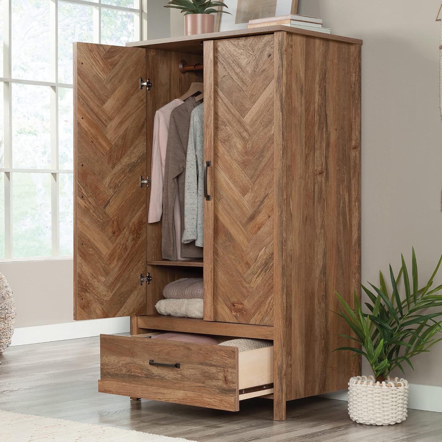 Sauder Cannery Bridge 32.36" W x 22.52" D x 59.80" H Armoire & Dresser in Sindoori Mango Finish with Garment Rod & 6 Drawers