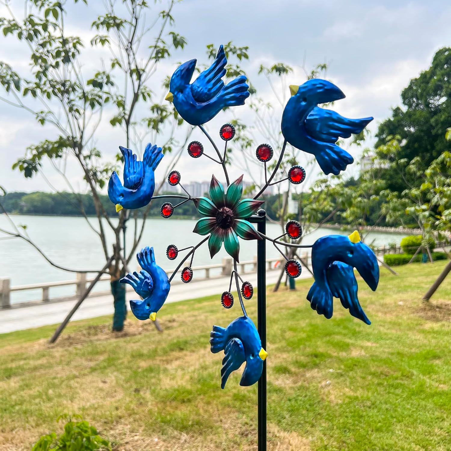 Blue Bird Metal Wind Spinner Garden Decor, 48 Inch Outdoor Yard Spinner Sculpture for Patio Lawn & Garden Decorations