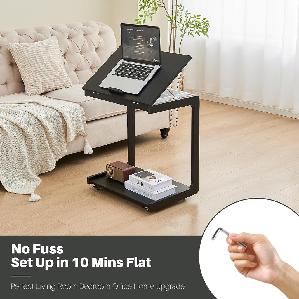C-Shaped End Table with Wheels - Rolling Side Table for Couch, Solid Wood Modern Adjustable Angles Tv Tray Sofa Tables for Living Room, Bedroom, Home Office, Black, 15.4"D x 23.6"W x 24.8"H