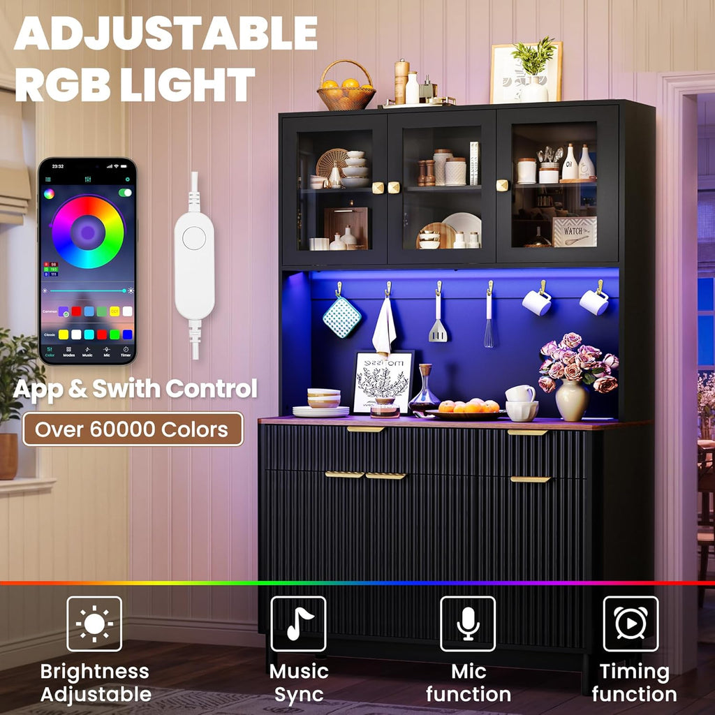 71'' Fluted Kitchen Pantry Cabinet with Power Outlet & LED Light, Food Kitchen Hutch with Countertop, Wood Pantry Storage Cabinet with a Drawer & Shelves for Living Room, Dining Room, Black