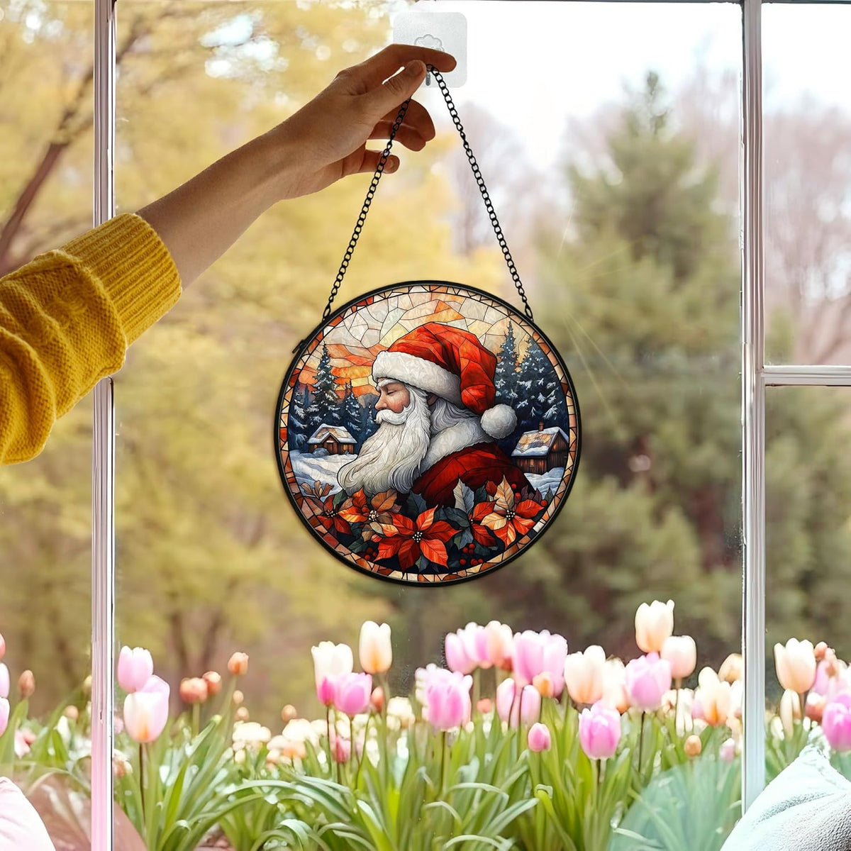 Christmas Santa Suncatcher Stained Glass Window Hanging Decor, Farmhouse Winter Xmas Santa Stained Glass Wall Decor, Christmas Garden Sun Catchers Indoor Window Hanging Wall Art Lawn, 7.9x7.9In