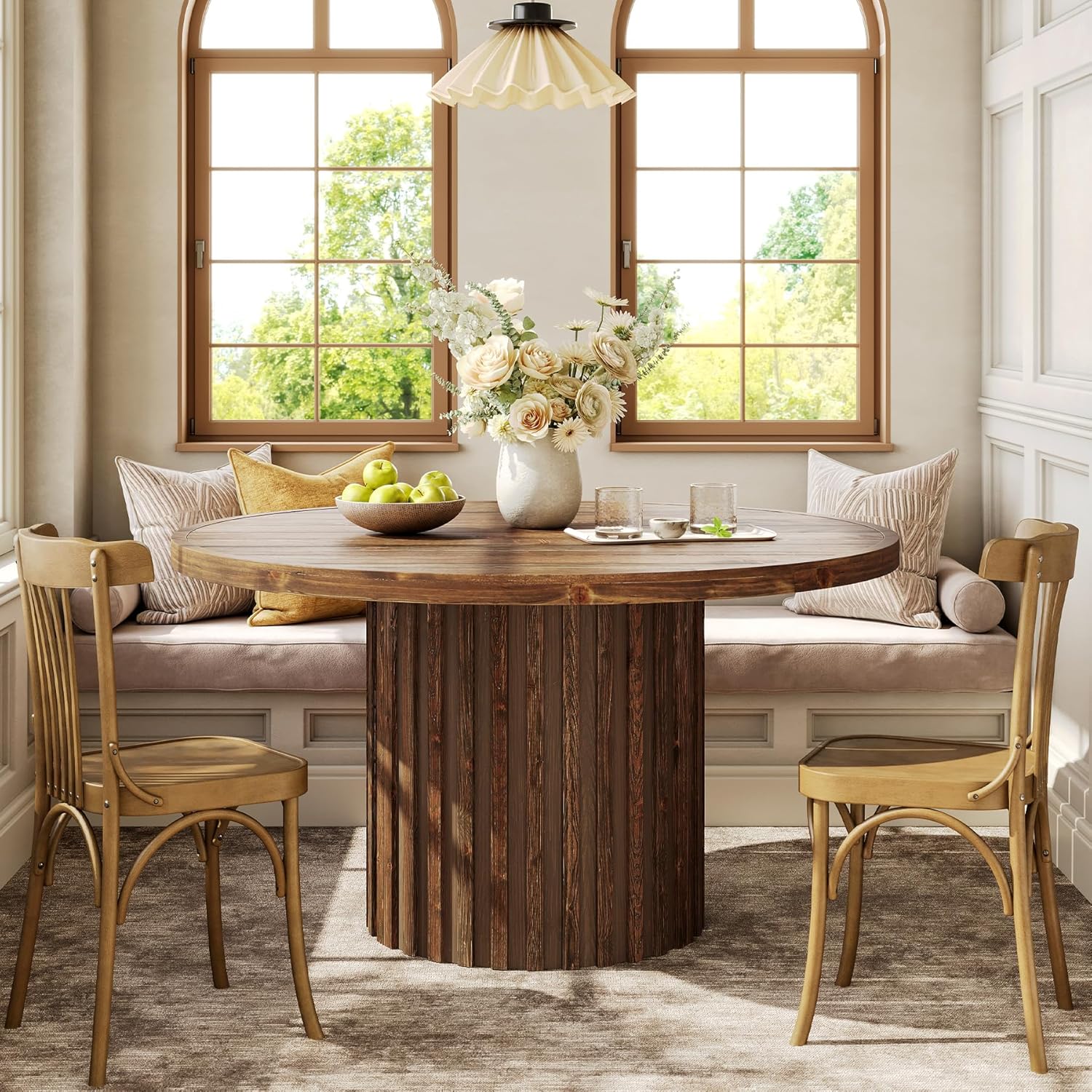 Tribesigns 47-Inch Round Dining Table for 4-6, Farmhouse Wood Kitchen Table with Striped Pedestal Base, Circle Wooden Dining Room Furniture for Kitchen Living Room, Dark Brown